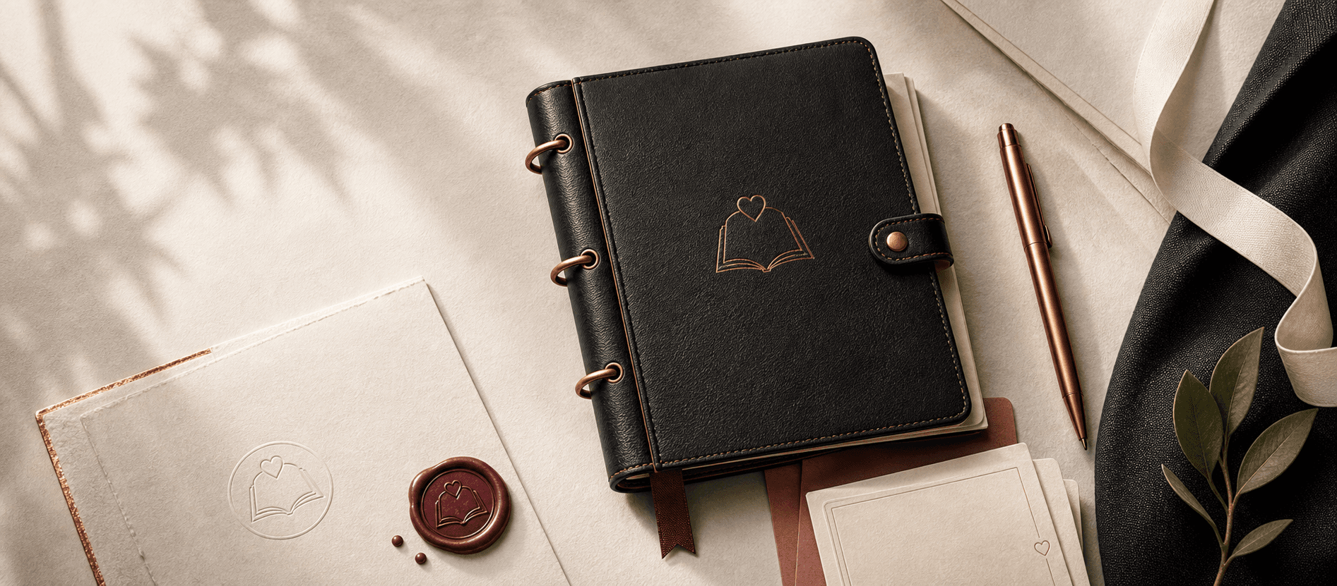 CeremonyLab officiant kit with a black binder, ceremony paper, copper pen, wax seal, and greenery